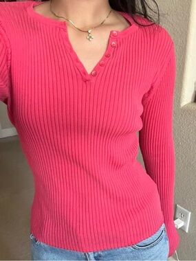 August Silk Ribbed Henley Top in Bright Pink